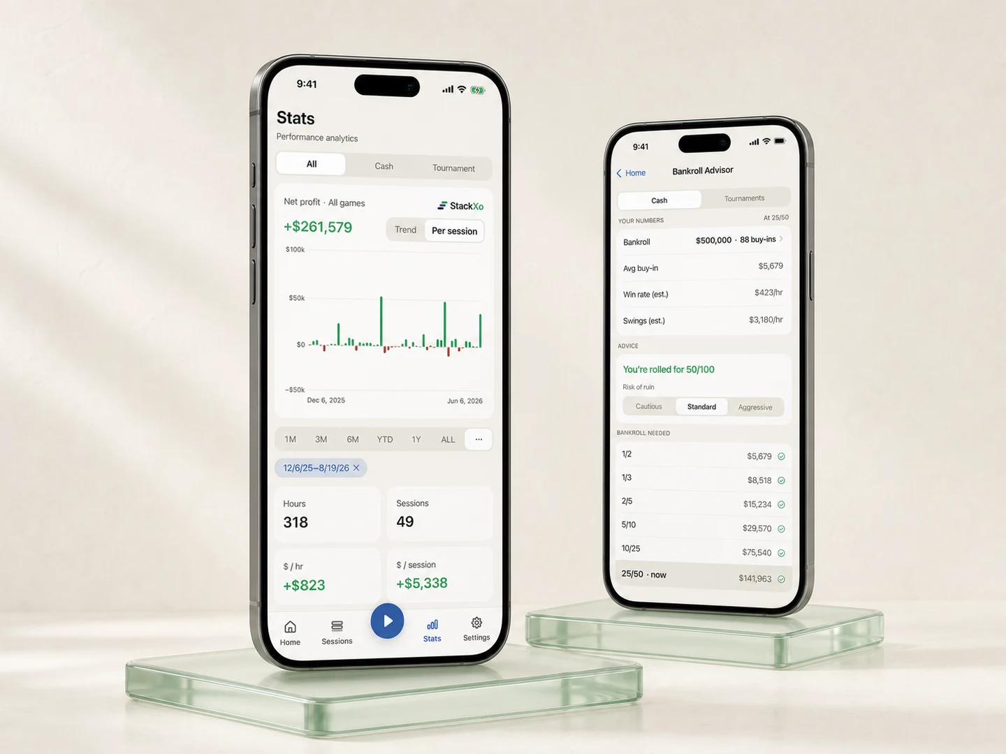 StackXo performance statistics and Bankroll Advisor shown together