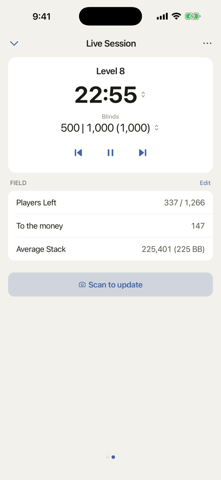 Tournament clock with scan to update button